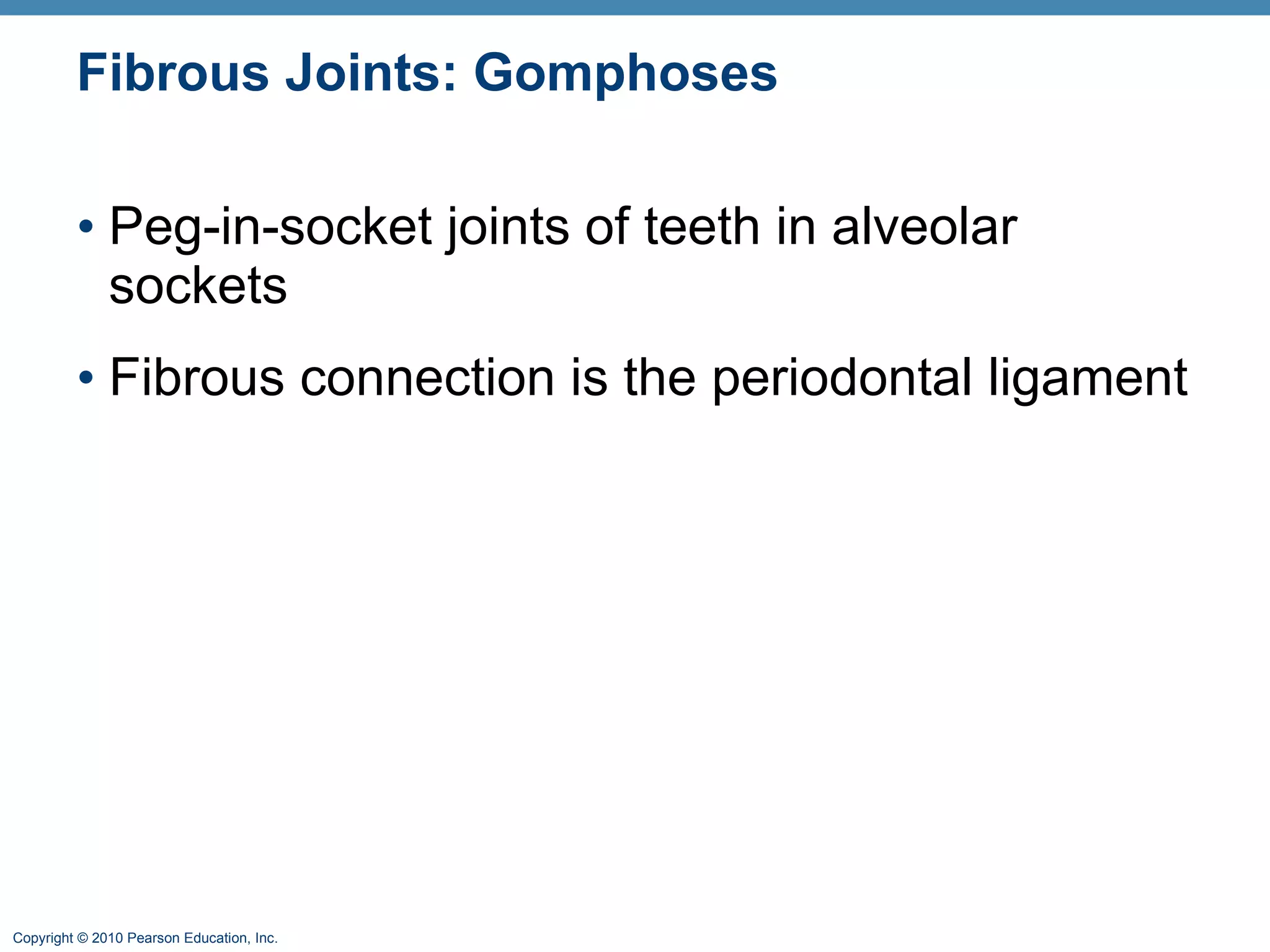 Fibrous Joints: Gomphoses Peg-in-socket joints of teeth in alveolar sockets Fibrous connection is the periodontal ligament 