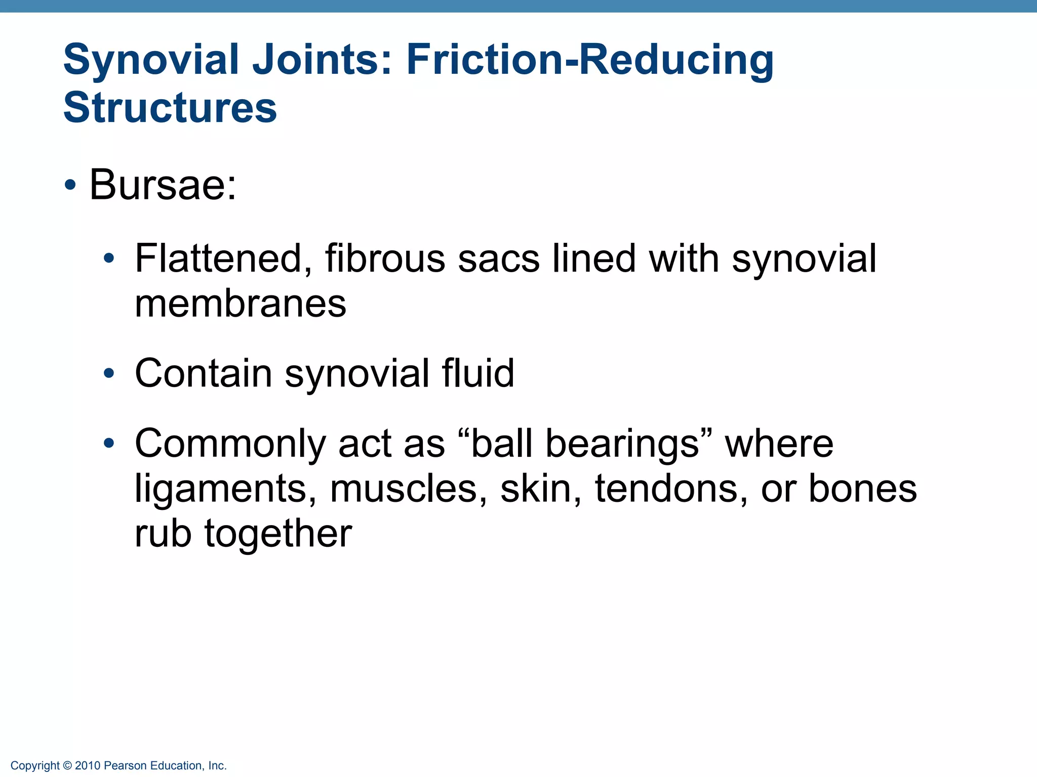 Synovial Joints: Friction-Reducing Structures Bursae: Flattened, fibrous sacs lined with synovial membranes  Contain synovial fluid Commonly act as “ball bearings” where ligaments, muscles, skin, tendons, or bones rub together 
