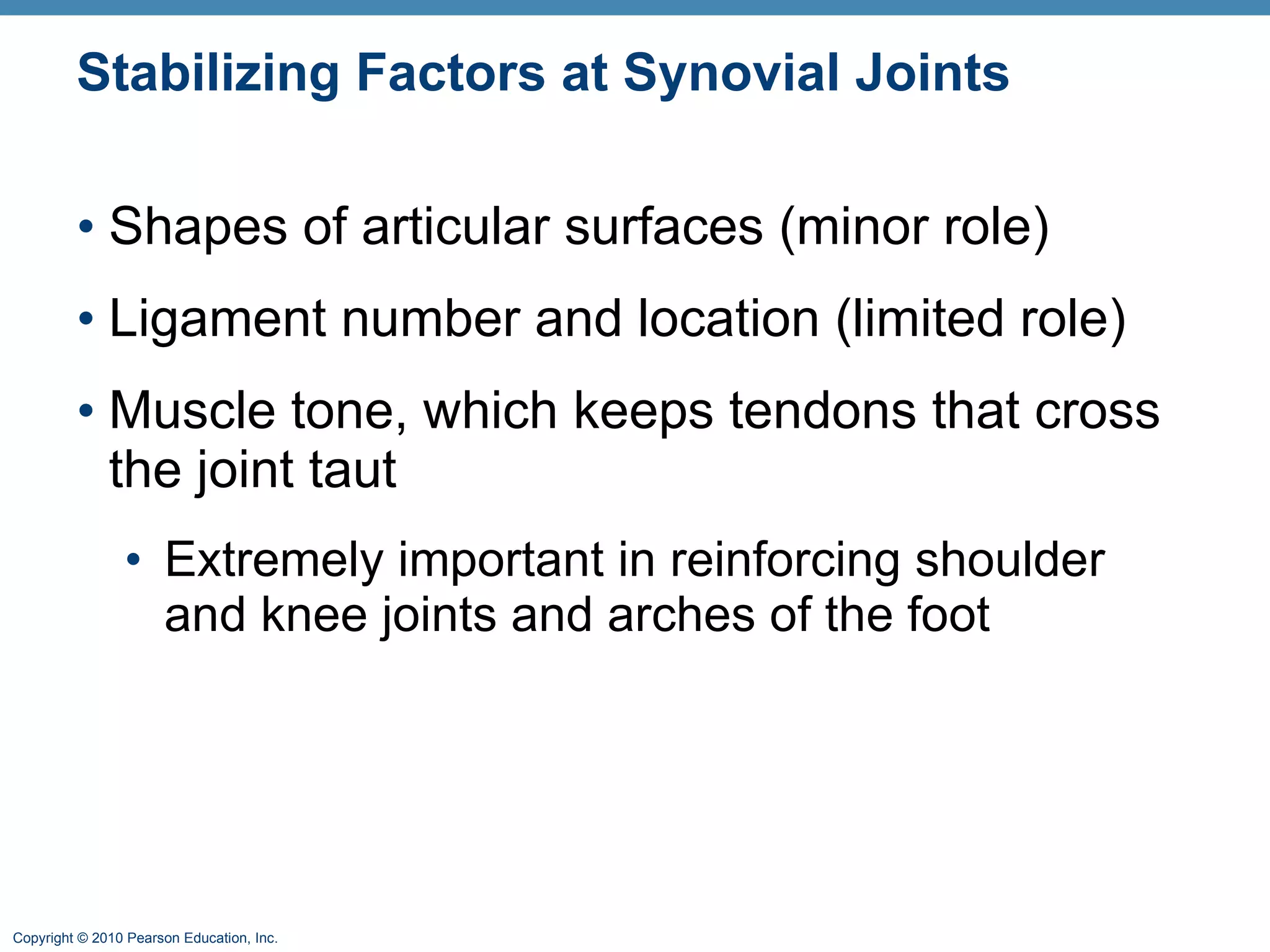 Stabilizing Factors at Synovial Joints Shapes of articular surfaces (minor role) Ligament number and location (limited role) Muscle tone, which keeps tendons that cross the joint taut Extremely important in reinforcing shoulder and knee joints and arches of the foot 