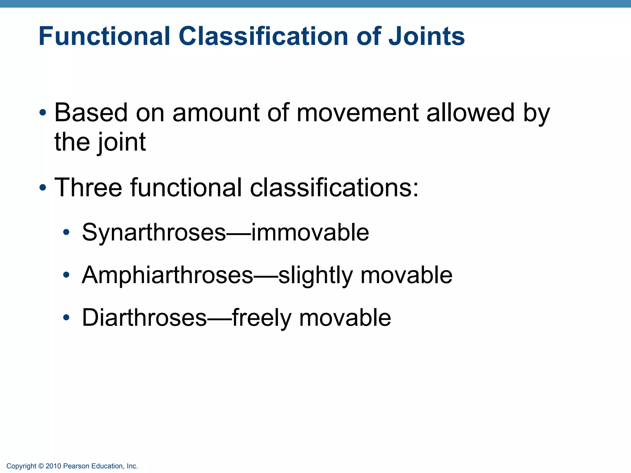 Functional Classification of Joints  Based on amount of movement allowed by the joint Three functional classifications: Synarthroses—immovable  Amphiarthroses—slightly movable  Diarthroses—freely movable 