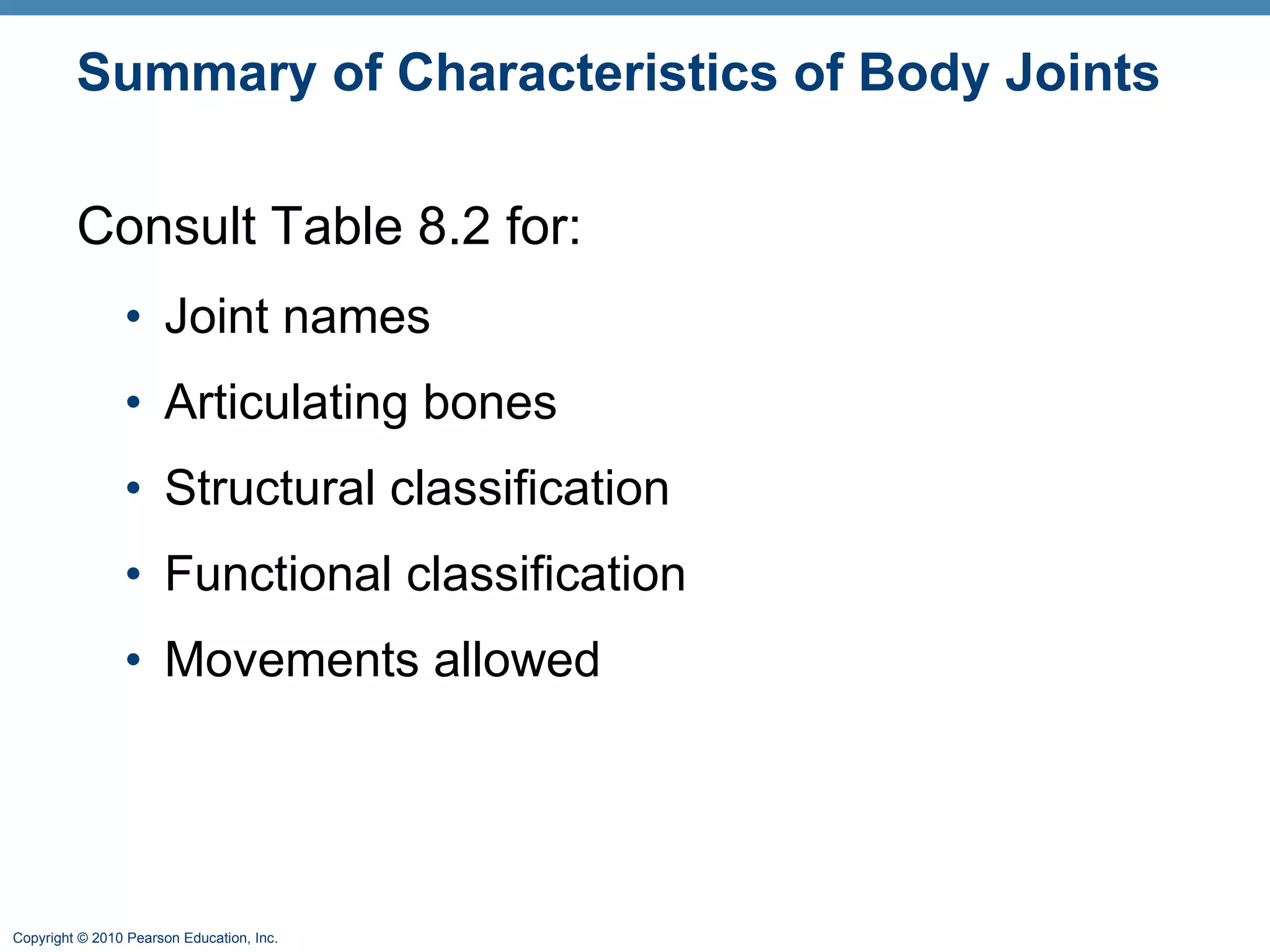 Summary of Characteristics of Body Joints Consult Table 8.2 for: Joint names Articulating bones Structural classification Functional classification Movements allowed 