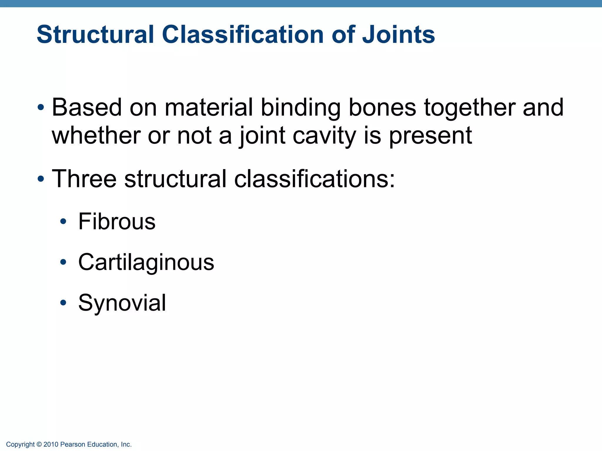 Structural Classification of Joints  Based on material binding bones together and whether or not a joint cavity is present Three structural classifications: Fibrous Cartilaginous  Synovial  