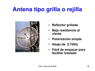 UNI - Antenas de MW 38
Antena tipo grilla o rejilla
• Reflector grillado
• Baja resistencia al
viento
• Polarización simple
• Abajo de 2.7GHz
• Fácil de empacar para
facilitar traslado
 