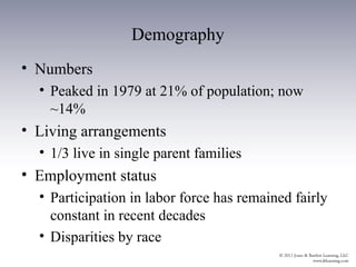 Demography
• Numbers
  • Peaked in 1979 at 21% of population; now
    ~14%
• Living arrangements
  • 1/3 live in single parent families
• Employment status
  • Participation in labor force has remained fairly
    constant in recent decades
  • Disparities by race
 