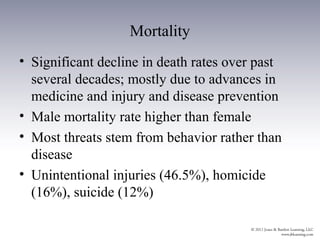 Mortality
• Significant decline in death rates over past
  several decades; mostly due to advances in
  medicine and injury and disease prevention
• Male mortality rate higher than female
• Most threats stem from behavior rather than
  disease
• Unintentional injuries (46.5%), homicide
  (16%), suicide (12%)
 