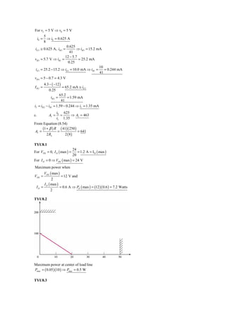 For vI = 5 V ⇒ v0 = 5 V
       5
     i0 =⇒ i0 = 0.625 A
       8
                       0.625
iE 3 ≅ 0.625 A, iB 3 =        ⇒ iB 3 = 15.2 mA
                         41
                      12 − 5.7
vB 3 = 5.7 V ⇒ iR1 =           = 25.2 mA
                        0.25
                                             10
 iE1 = 25.2 − 15.2 ⇒ iE1 = 10.0 mA ⇒ iB1 =      = 0.244 mA
                                             41
vB 4 = 5 − 0.7 = 4.3 V
            4.3 − ( −12 )
I R2 =                      = 65.2 mA ≅ iE 2
               0.25
                    65.2
                 iB 2 =   = 1.59 mA
                     41
iI = iB 2 − iB1 = 1.59 − 0.244 ⇒ iI = 1.35 mA
               i0 625
c.             AI =
                  =     ⇒ AI = 463
               iI 1.35
From Equation (8.54)
     (1 + β ) R ( 41)( 250 )
AI =            =            = 641
        2 RL        2 (8)

TYU8.1
                          24
For VDS = 0, I D ( max ) =   = 1.2 A = I D ( max )
                          20
For I D = 0 ⇒ VDS ( max ) = 24 V
Maximum power when
            VDS ( max )
VDS =                       = 12 V and
                  2
            I D ( max )
 ID =                     = 0.6 A ⇒ PD ( max ) = (12 )( 0.6 ) = 7.2 Watts
                2

TYU8.2




Maximum power at center of load line
Pmax = ( 0.05 )(10 ) ⇒ Pmax = 0.5 W

TYU8.3
 