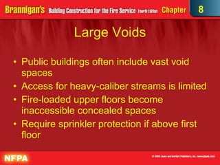 Large Voids Public buildings often include vast void spaces Access for heavy-caliber streams is limited Fire-loaded upper floors become inaccessible concealed spaces Require sprinkler protection if above first floor 8 