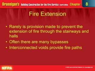 Fire Extension Rarely is provision made to prevent the extension of fire through the stairways and halls Often there are many bypasses Interconnected voids provide fire paths  8 