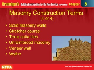 Masonry Construction Terms  (4 of 4) Solid masonry walls Stretcher course Terra cotta tiles Unreinforced masonry Veneer wall Wythe 8 
