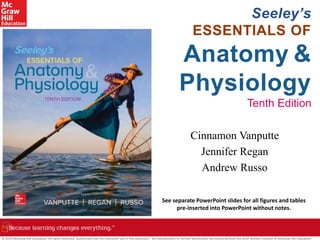 Seeley’s
ESSENTIALS OF
Anatomy &
Physiology
Tenth Edition
Cinnamon Vanputte
Jennifer Regan
Andrew Russo
See separate PowerPoint slides for all figures and tables
pre-inserted into PowerPoint without notes.
© 2019 McGraw-Hill Education. All rights reserved. Authorized only for instructor use in the classroom. No reproduction or further distribution permitted without the prior written consent of McGraw-Hill Education.
 