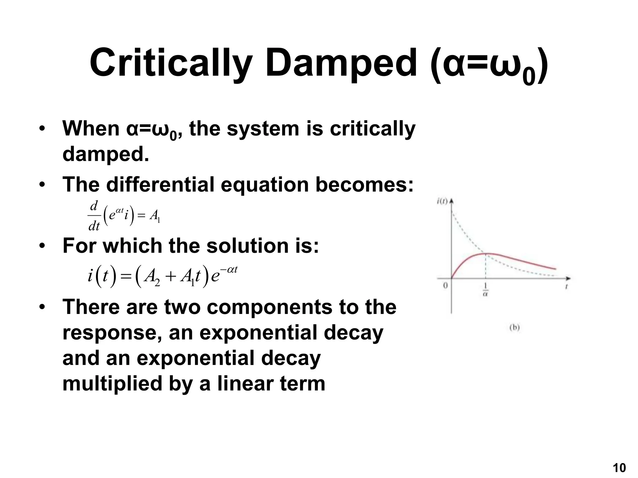 Critically Damped (α=ω0)
• When α=ω0, the system is critically
damped.
• The differential equation becomes:
• For which the solution is:
• There are two components to the
response, an exponential decay
and an exponential decay
multiplied by a linear term
10
  1
t
d
e i A
dt


   
2 1
t
i t A At e 

 
 