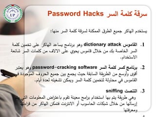 ‫السر‬ ‫كممة‬ ‫سرقة‬Password Hacks
‫يستخدم‬‫الياكر‬‫منيا‬ ‫السر‬ ‫كممة‬ ‫لسرقة‬ ‫الممكنة‬ ‫ق‬‫الطر‬ ‫جميع‬:
.1‫القاموس‬dictionary attack‫يساعد‬ ‫نامج‬‫ر‬‫ب‬ ‫وىو‬‫الياكر‬‫كممة‬ ‫تخمين‬ ‫عمى‬
‫عمى‬ ‫يحوي‬ ‫قاموس‬ ‫خالل‬ ‫من‬ ‫بك‬ ‫الخاصة‬ ‫السر‬‫االالف‬‫شائعة‬ ‫السر‬ ‫كممات‬ ‫من‬
‫االستخدام‬.
.2‫السر‬ ‫كممة‬ ‫كسر‬ ‫برنامج‬password-cracking software‫يعتبر‬ ‫وىو‬
‫في‬ ‫الموجودة‬ ‫الحروف‬ ‫جميع‬ ‫بين‬ ‫يجمع‬ ‫حيث‬ ‫السابقة‬ ‫يقة‬‫ر‬‫الط‬ ‫من‬ ‫أوسع‬‫و‬ ‫أقوى‬
‫أيام‬ ‫لعدة‬ ‫تشغيمو‬ ‫ويمكن‬ ‫السر‬ ‫كممة‬ ‫لتخمين‬ ‫محاولة‬ ‫في‬ ‫القاموس‬.
.3‫التنصت‬sniffing
‫يتم‬ ‫يقة‬‫ر‬‫ط‬ ‫وىي‬‫بيا‬‫يتم‬ ‫التي‬ ‫المعمومات‬ ‫اض‬‫ر‬‫باعت‬ ‫تقوم‬ ‫معينة‬ ‫امج‬‫ر‬‫ب‬ ‫استخدام‬
‫فتمكن‬ ‫نت‬‫ر‬‫االنت‬ ‫أو‬ ‫الحاسوب‬ ‫شبكات‬ ‫خالل‬ ‫من‬ ‫إرساليا‬‫الياكر‬‫اءتيا‬‫ر‬‫ق‬ ‫من‬
‫ومعرفتيا‬
 