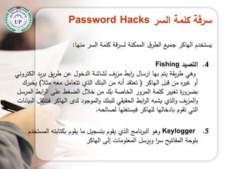 ‫السر‬ ‫كممة‬ ‫سرقة‬Password Hacks
‫يستخدم‬‫الياكر‬‫منيا‬ ‫السر‬ ‫كممة‬ ‫لسرقة‬ ‫الممكنة‬ ‫ق‬‫الطر‬ ‫جميع‬:
.4‫التصيد‬Fishing
‫يتم‬ ‫يقة‬‫ر‬‫ط‬ ‫وىي‬‫بيا‬‫ارسال‬‫الكتروني‬ ‫يد‬‫ر‬‫ب‬ ‫يق‬‫ر‬‫ط‬ ‫عن‬ ‫الدخول‬ ‫لشاشة‬ ‫يف‬‫ز‬‫م‬ ‫ابط‬‫ر‬
‫قبل‬ ‫من‬ ‫ه‬‫ر‬‫غي‬ ‫أو‬‫الياكر‬(‫مثال‬ ‫معو‬ ‫تتعامل‬ ‫الذي‬ ‫البنك‬ ‫من‬ ‫أنو‬ ‫تعتقد‬)‫يخبرك‬
‫المرسل‬ ‫ابط‬‫ر‬‫ال‬ ‫عمى‬ ‫الضغط‬ ‫خالل‬ ‫من‬ ‫بك‬ ‫الخاصة‬ ‫المرور‬ ‫كممة‬ ‫تغيير‬ ‫ة‬‫ر‬‫بضرو‬
‫ابط‬‫ر‬‫ال‬ ‫يشبو‬ ‫الذي‬‫و‬ ‫يف‬‫ز‬‫الم‬‫و‬‫الحقيقي‬‫لدى‬ ‫الموجود‬‫و‬ ‫لمبنك‬‫الياكر‬‫البيانات‬ ‫فتنتقل‬
‫تقوم‬ ‫التي‬‫بادخاليا‬‫لمياكر‬‫لصالحو‬ ‫فيستغميا‬.
.5Keylogger‫المستخدم‬ ‫بكتابتو‬ ‫يقوم‬ ‫ما‬ ‫بتسجيل‬ ‫يقوم‬ ‫الذي‬ ‫نامج‬‫ر‬‫الب‬ ‫وىو‬
‫الياكر‬ ‫إلى‬ ‫المعمومات‬ ‫ويرسل‬ ‫ا‬‫ر‬‫س‬ ‫المفاتيح‬ ‫بموحة‬
 