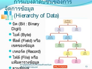 บิต (Bit : Binary
Digit)
ไบต์ (Byte)
ฟีลด์ (Field) หรือ
เขตของข้อมูล
เรคอร์ด (Record)
ไฟล์ (File) หรือ
แฟ้มตารางข้อมูล
การแบ่งลำาดับชั้นของการ
จัดการข้อมูล
(Hierarchy of Data)
13
ความรู้เบื้องต้นเกี่ยวกับคอมพิวเตอร์และ
๶ทคโนโลยีสารสȨทศ
 