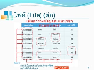 แฟ้มตารางข้อมูลคะแนนวิชา
คอมพิวเตอร์
ไฟล์ (File) (ต่อ)
19
ความรู้เบื้องต้นเกี่ยวกับคอมพิวเตอร์และ
๶ทคโนโลยีสารสȨทศ
 
