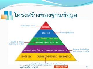 โครงสร้างของฐานข้อมูล
21
ความรู้เบื้องต้นเกี่ยวกับคอมพิวเตอร์และ
๶ทคโนโลยีสารสȨทศ
 