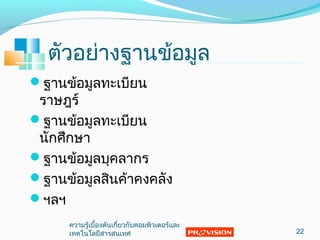 ตัวอย่างฐานข้อมูล
ฐานข้อมูลทะเบียน
ราษฎร์
ฐานข้อมูลทะเบียน
นักศึกษา
ฐานข้อมูลบุคลากร
ฐานข้อมูลสินค้าคงคลัง
ฯลฯ
22
ความรู้เบื้องต้นเกี่ยวกับคอมพิวเตอร์และ
๶ทคโนโลยีสารสȨทศ
 