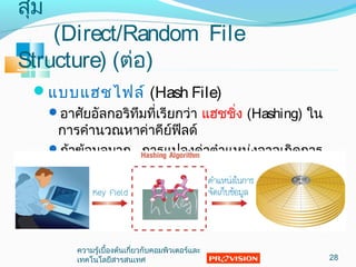 แบบแฮชไฟล์ (Hash File)
อาศัยอัลกอริทึมที่เรียกว่า แฮชชิ่ง (Hashing) ใน
การคำานวณหาค่าคีย์ฟีลด์
ถ้าข้อมูลมาก การแปลงค่าตำาแหน่งอาจเกิดการ
ชนกันได้ (Collision)
สุ่ม
(Direct/Random File
Structure) (ต่อ)
28
ความรู้เบื้องต้นเกี่ยวกับคอมพิวเตอร์และ
๶ทคโนโลยีสารสȨทศ
 