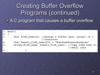 Creating Buffer Overflow Programs (continued) A C program that causes a buffer overflow 