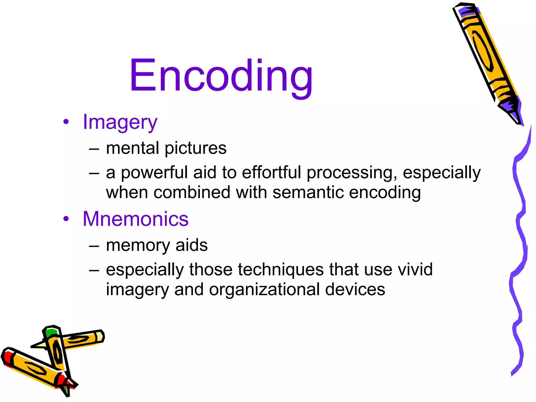 Encoding Imagery mental pictures a powerful aid to effortful processing, especially when combined with semantic encoding Mnemonics memory aids especially those techniques that use vivid imagery and organizational devices 