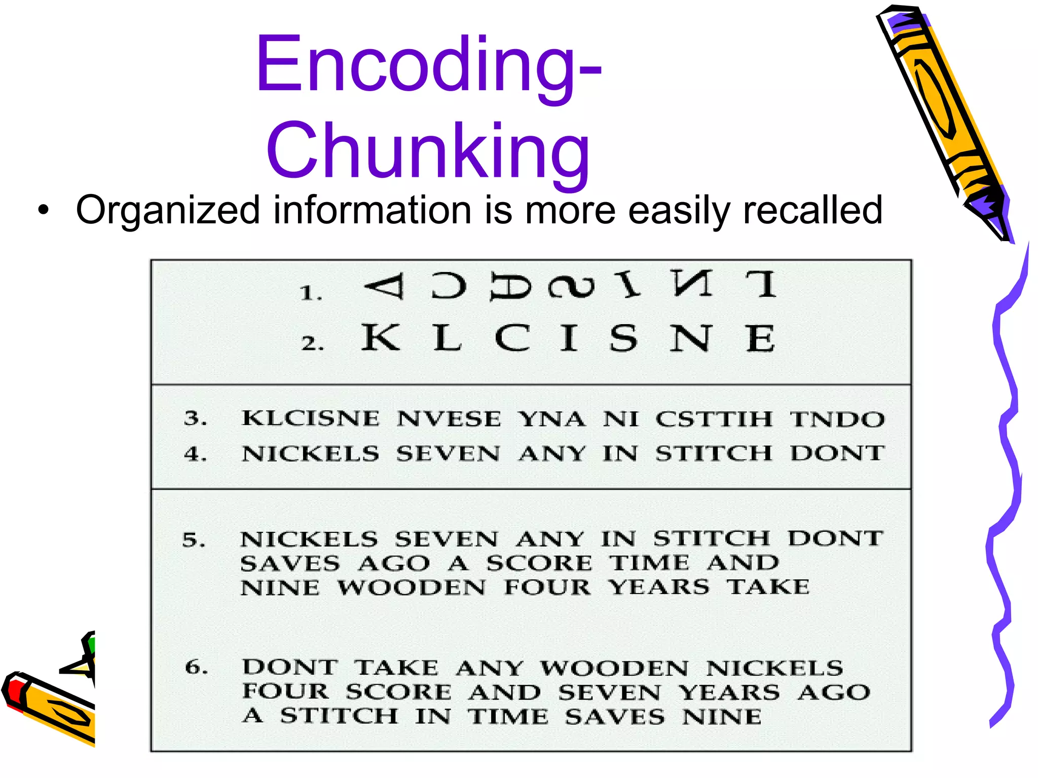 Encoding- Chunking Organized information is more easily recalled 