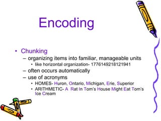 Encoding Chunking organizing items into familiar, manageable units like horizontal organization- 1776149218121941 often occurs automatically use of acronyms HOMES-  H uron,  O ntario,  M ichigan,  E rie,  S uperior ARITHMETIC-  A   R at  I n  T om’s  H ouse  M ight  E at  T om’s  I ce  C ream 