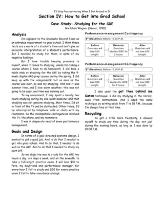 I’ll Stop Procrastinating When I Get Around to It

                      Section IV: How to Get into Grad School
                               Case Study: Studying for the GRE
                                           Gretchen Wagner (Senior, 1998)

Analysis                                                     Perform ance-m anagem ent Contingency
        I’m opposed to the Graduate Record Exam as           S D (Deadline): Before 10:00 P.M.                      .
an entrance requirement to grad school. I think these
tests are a waste of a student’s time and don’t give an           Before             Behavior           After
                                                               Gretchen will         Gretchen       Gretchen will
accurate interpretation of a student’s performance.              lose $10         studies GRE for   not lose $10
But I decided to study for them, in spite of my                   tonight.            2 hours.        tonight.
negative feelings.
        But I have trouble keeping promises to
myself, when it comes to studying, unless I’m taking a       Perform ance-m anagem ent Contingency
course where I have to do homework. I did take a             S D (Deadline): Before 10:00 P.M.                      .
noble stab at studying for the GRE by taking the 9-
week, Kaplan GRE-prep course during the spring. I did             Before             Behavior           After
                                                               Gretchen will         Gretchen       Gretchen will
keep up with the assignments; but as soon as the
                                                                 lose $30         studies for GRE   not lose $30
course was over, so was my studying. And now it was               tonight.          for 2 hours.      tonight.
summer time, and I love warm weather; this was not
going to be easy, and time was running out.                          I also used the get thee behind me
        To my amazement, I only spent a measly two           Satan technique: I did my studying in the library,
hours studying during my one-week baseline; and that         away from distractions. And I used the same
studying was not genuine studying. Most times, I’d sit       technique by setting aside from 7 to 10 P.M., because
in front of the TV and be distracted. Other times, I’d       I’m always free at that time.
be interrupted by telephone calls or chats with my
roommate. So the incompatible contingencies involved         Recycling
the TV, the phone, and my roommate.                                  To get a little more flexibility, I allowed
        I was in desperate need of some performance          myself to study any time during the day, not just
management.                                                  during the evening hours, as long as I was done by
                                                             10:00 P.M.
Goals and Design
        In terms of a goal-directed systems design, I
wanted to get a good job. And to do that I needed to
get into grad school. And to do that, I needed to do
well on the GRE. And to do that I needed to study my
butt off.
        So my objective was to study for the GRE two
hours a day, six days a week, and on the seventh, to
take a full-length practice exam. I will lose $10 to
Pete, my boyfriend and performance manager, for
every hour I fail to study and $30 for every practice
exam I fail to take—avoidance analogs.
 