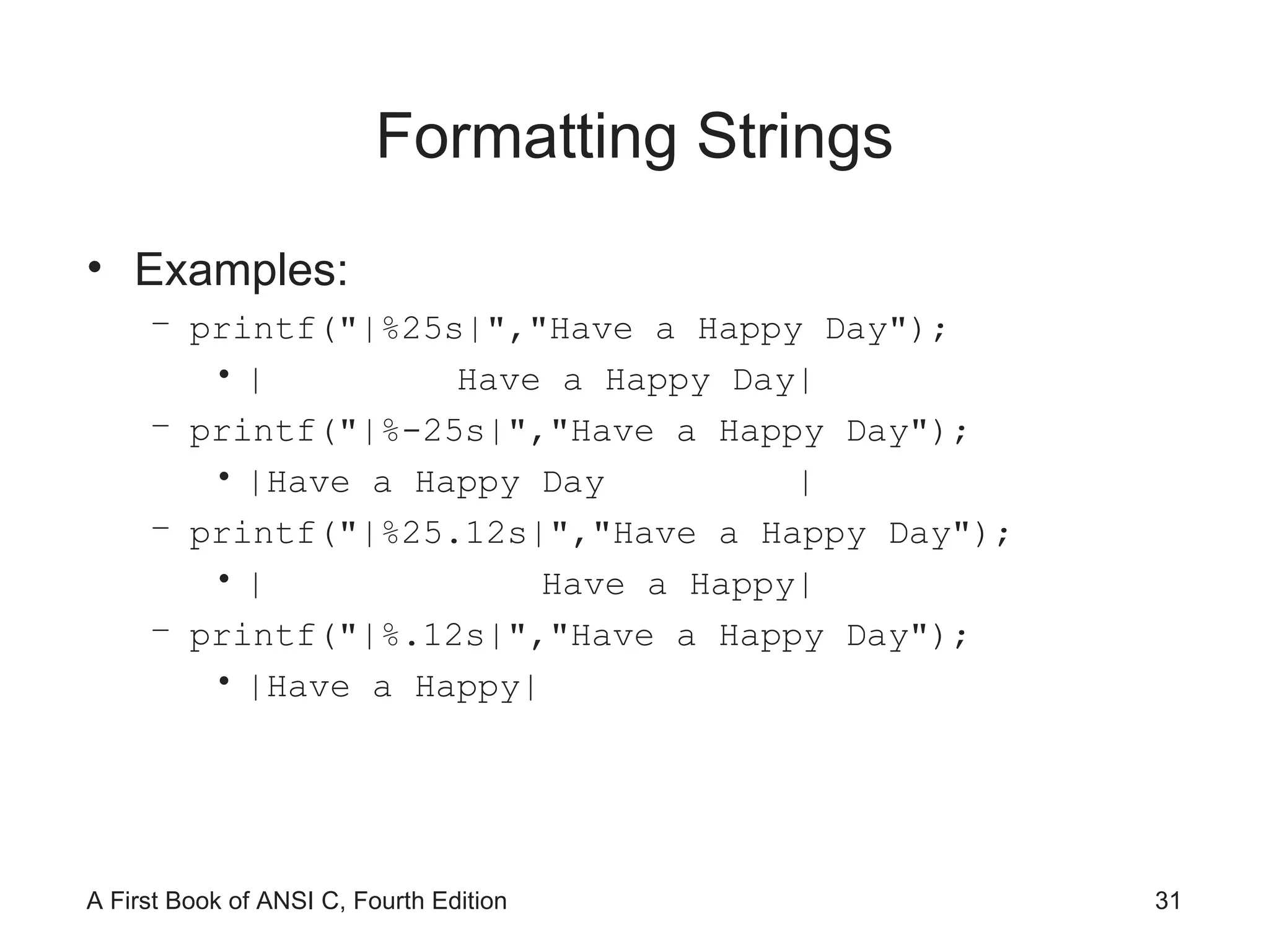 Formatting Strings Examples: printf("|%25s|","Have a Happy Day"); |  Have a Happy Day| printf("|%-25s|","Have a Happy Day"); |Have a Happy Day  | printf("|%25.12s|","Have a Happy Day"); |  Have a Happy| printf("|%.12s|","Have a Happy Day"); |Have a Happy| 