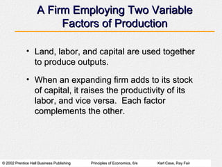A Firm Employing Two Variable Factors of Production Land, labor, and capital are used together to produce outputs. When an expanding firm adds to its stock of capital, it raises the productivity of its labor, and vice versa.  Each factor complements the other. 