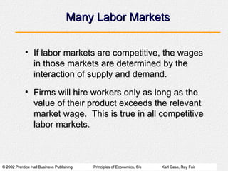 Many Labor Markets If labor markets are competitive, the wages in those markets are determined by the interaction of supply and demand. Firms will hire workers only as long as the value of their product exceeds the relevant market wage.  This is true in all competitive labor markets. 