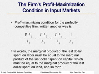 The Firms Profit-Maximization Condition in Input Markets Profit-maximizing condition for the perfectly competitive firm, written another way is: In words, the marginal product of the last dollar spent on labor must be equal to the marginal product of the last dollar spent on capital, which must be equal to the marginal product of the last dollar spent on land, and so forth. 