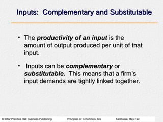 Inputs:  Complementary and Substitutable The  productivity of an input  is the amount of output produced per unit of that input. Inputs can be  complementary  or  substitutable.   This means that a firms input demands are tightly linked together. 