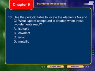 10. Use the periodic table to locate the elements Na and Cl. What type of compound is created when these two elements react? A. isotopic B. covalent C. ionic D. metallic Chapter 9 Standards Assessment 