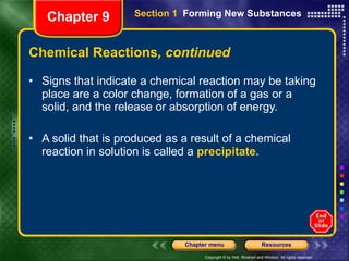 Chemical Reactions , continued Signs that indicate a chemical reaction may be taking place are a color change, formation of a gas or a solid, and the release or absorption of energy. A solid that is produced as a result of a chemical reaction in solution is called a  precipitate.   Chapter 9 Section 1  Forming New Substances 