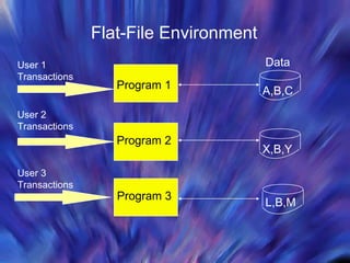 Flat-File Environment Program 1 Program 2 Program 3 A,B,C X,B,Y L,B,M User 2 Transactions User 1 Transactions User 3 Transactions Data 