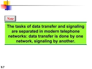 The tasks of data transfer and signaling are separated in modern telephone networks: data transfer is done by one network, signaling by another. Note 