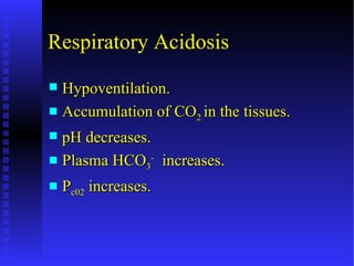 Respiratory Acidosis
 Hypoventilation.
 Accumulation of CO2 in the tissues.

 pH decreases.
 Plasma HCO3- increases.

   Pc02 increases.
 