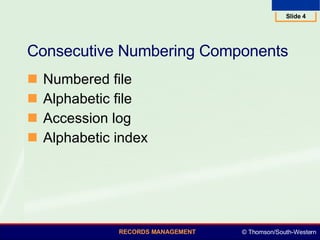 Consecutive Numbering Components Numbered file Alphabetic file Accession log Alphabetic index 