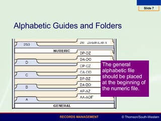 Alphabetic Guides and Folders The general alphabetic file should be placed at the beginning of the numeric file. 