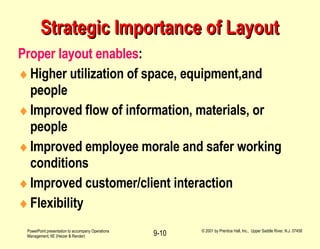 Strategic Importance of Layout Proper layout enables : Higher utilization of space, equipment,and people Improved flow of information, materials, or people Improved employee morale and safer working conditions Improved customer/client interaction Flexibility 