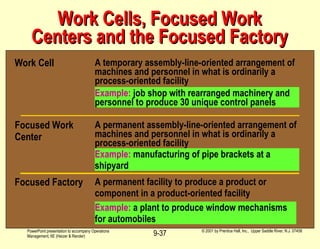 Work Cells, Focused Work Centers and the Focused Factory Work Cell A temporary assembly-line-oriented arrangement of machines and personnel in what is ordinarily a process-oriented facility Example:  job shop with rearranged machinery and personnel to produce 30 unique control panels Focused Work Center A permanent assembly-line-oriented arrangement of machines and personnel in what is ordinarily a process-oriented facility Example:  manufacturing of pipe brackets at a shipyard Focused Factory A permanent facility to produce a product or component in a product-oriented facility Example:  a plant to produce window mechanisms for automobiles 