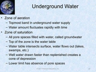© 2011 Pearson Education, Inc.
Underground Water
• Zone of aeration
– Topmost band in underground water supply
– Water amount fluctuates rapidly with time
• Zone of saturation
– All pore spaces filled with water, called groundwater
– Top of the zone is the water table
– Water table intersects surface, water flows out (lakes,
swamps, etc.)
– Well water drawn faster than replenished creates a
cone of depression
– Lower limit has absence of pore spaces
22
 