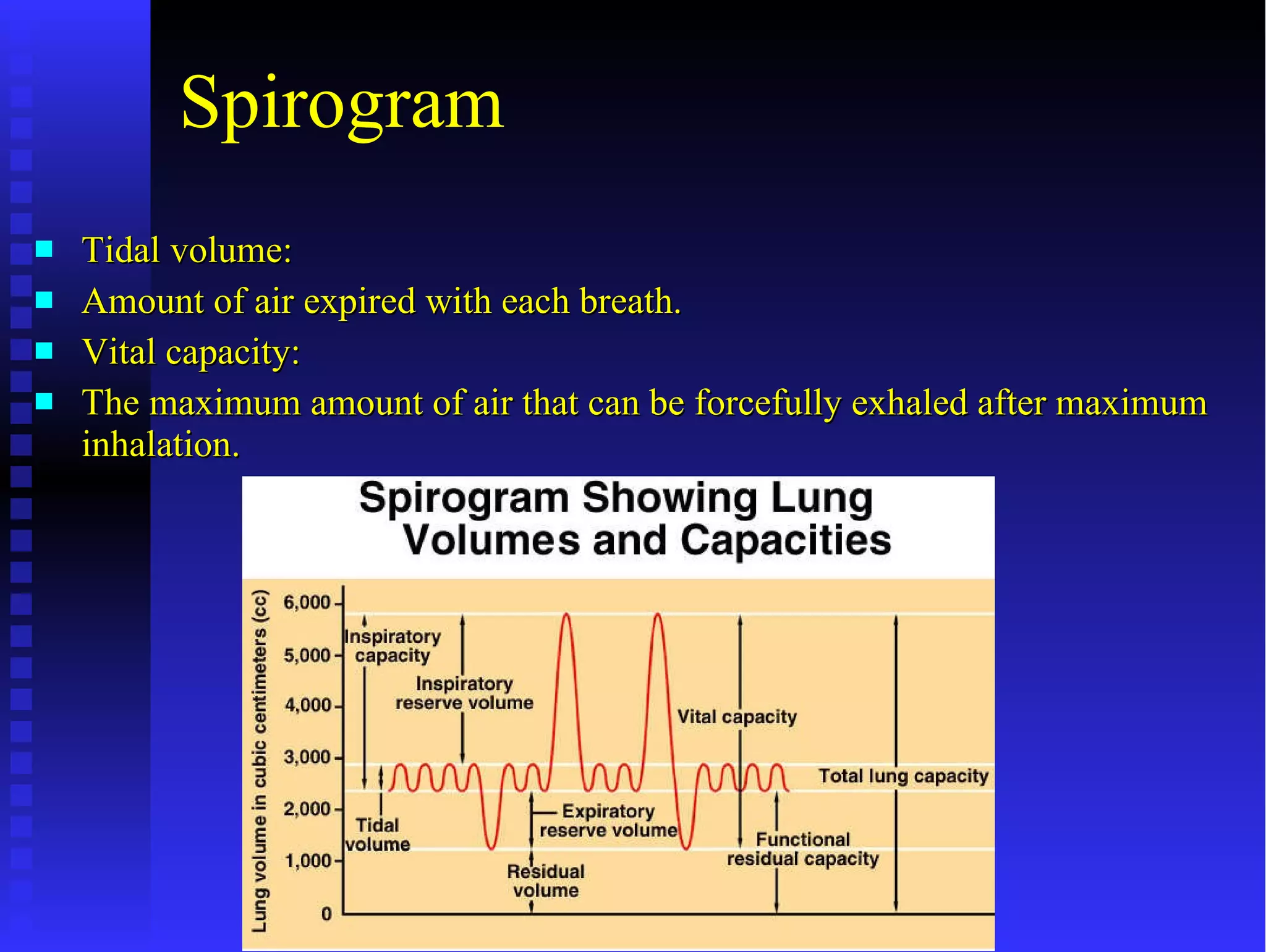 Spirogram Tidal volume:  Amount of air expired with each breath. Vital capacity: The maximum amount of air that can be forcefully exhaled after maximum inhalation. 