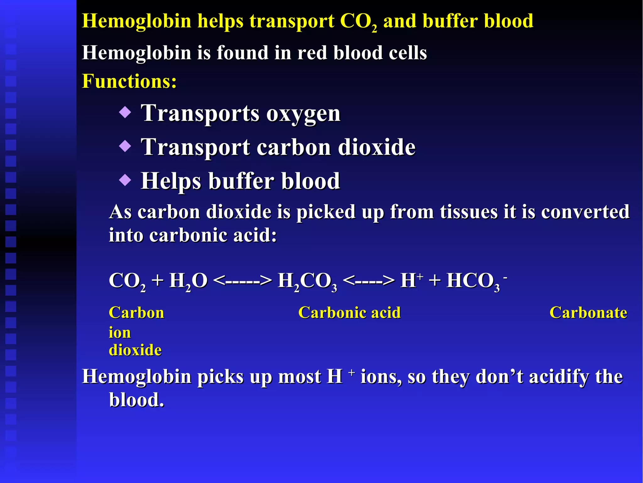 Hemoglobin helps transport CO 2  and buffer blood Hemoglobin is found in red blood cells Functions: Transports oxygen Transport carbon dioxide Helps buffer blood As carbon dioxide is picked up from tissues it is converted into carbonic acid: CO 2  + H 2 O <-----> H 2 CO 3  <----> H +  + HCO 3  - Carbon  Carbonic acid   Carbonate ion dioxide Hemoglobin picks up most H  +  ions, so they don’t acidify the blood. 