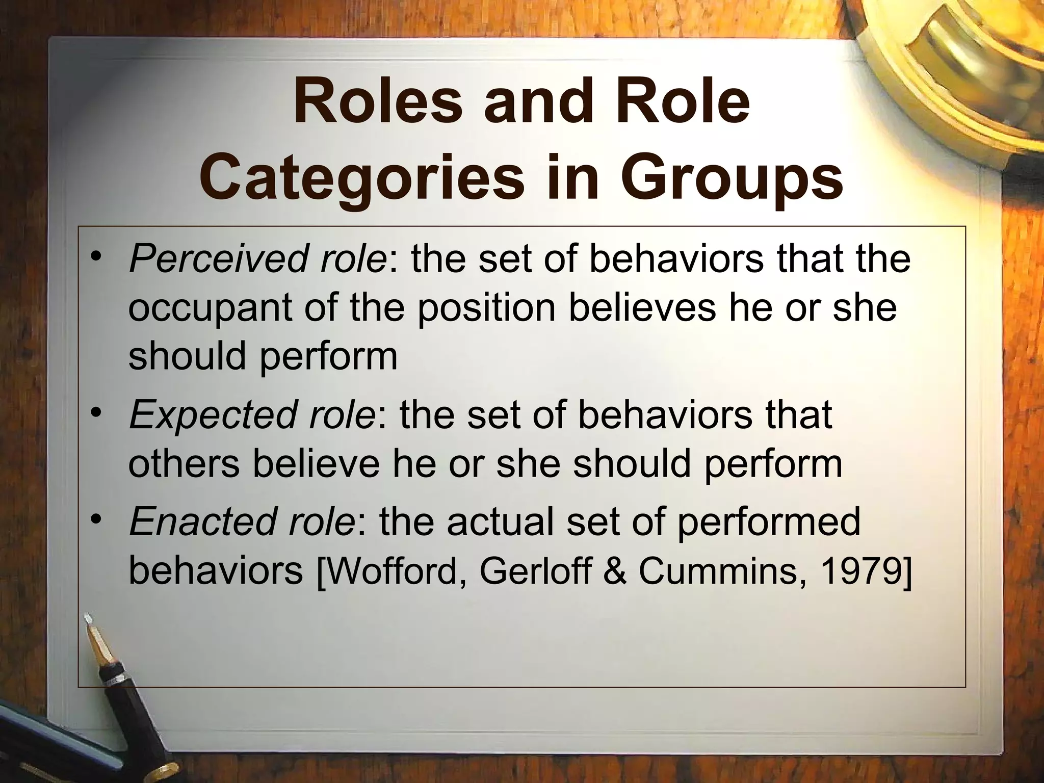 Roles and Role
Categories in Groups
• Perceived role: the set of behaviors that the
occupant of the position believes he or she
should perform
• Expected role: the set of behaviors that
others believe he or she should perform
• Enacted role: the actual set of performed
behaviors [Wofford, Gerloff & Cummins, 1979]
 