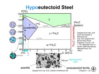 Chapter 9 - 28
Fe3C(cementite)
1600
1400
1200
1000
800
600
400
0 1 2 3 4 5 6 6.7
L
γ
(austenite)
γ+L
γ + Fe3C
α+ Fe3C
L+Fe3C
δ
(Fe) C, wt% C
1148ºC
T(ºC)
α
727ºC
(Fe-C
System)
C0
0.76
Hypoeutectoid Steel
Adapted from Figs. 9.24
and 9.29,Callister &
Rethwisch 8e.
(Fig. 9.24 adapted from
Binary Alloy Phase
Diagrams, 2nd ed., Vol.
1, T.B. Massalski (Ed.-in-
Chief), ASM International,
Materials Park, OH,
1990.)
Adapted from Fig. 9.30, Callister & Rethwisch 8e.
proeutectoid ferritepearlite
100 µm
Hypoeutectoid
steel
α
pearlite
γ
γ γ
γα
α
α
γγ
γ γ
γ γ
γγ
 