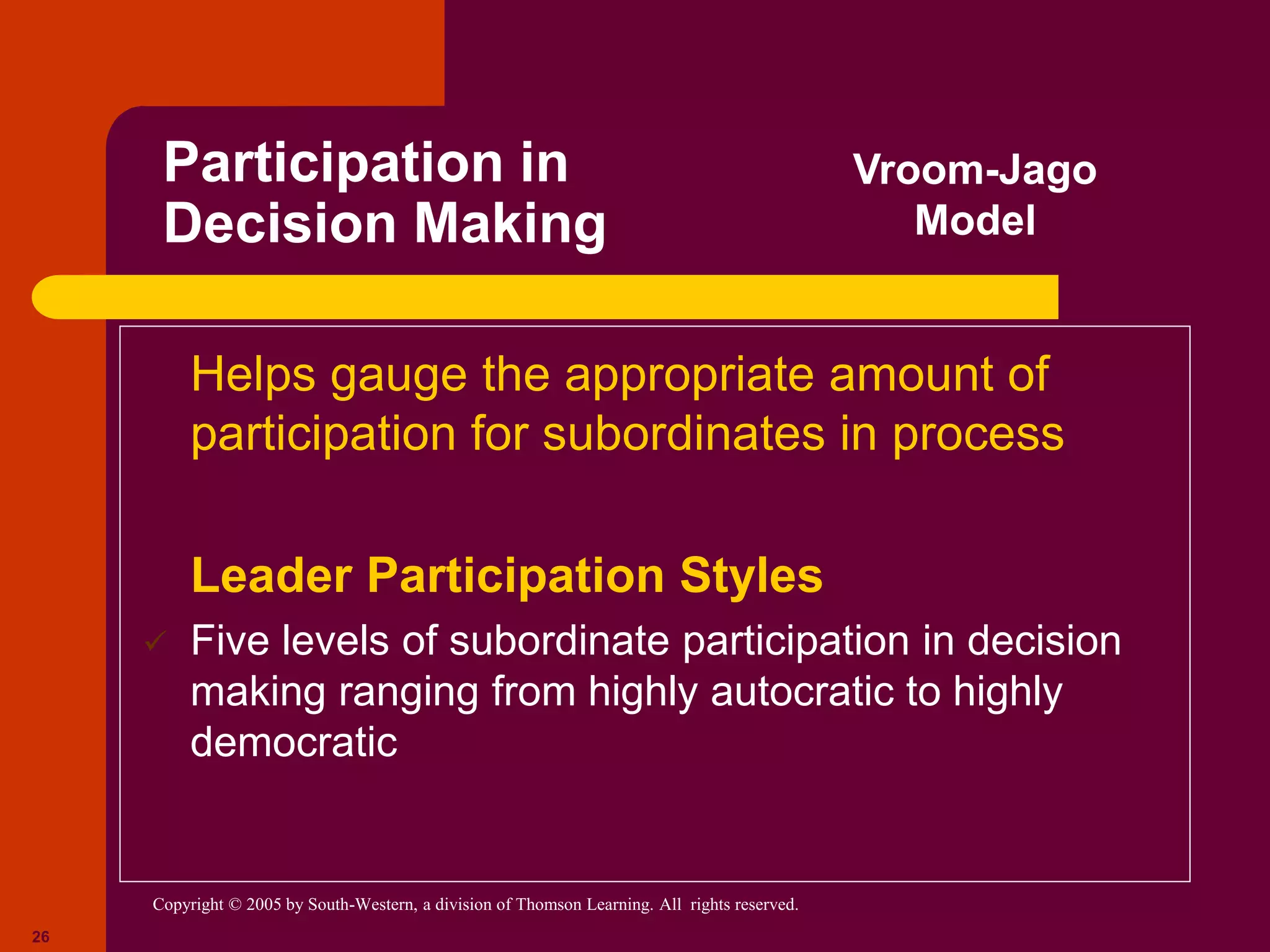 Copyright © 2005 by South-Western, a division of Thomson Learning. All rights reserved.
26
Participation in
Decision Making
 Helps gauge the appropriate amount of
participation for subordinates in process
● Leader Participation Styles
 Five levels of subordinate participation in decision
making ranging from highly autocratic to highly
democratic
Vroom-Jago
Model
 