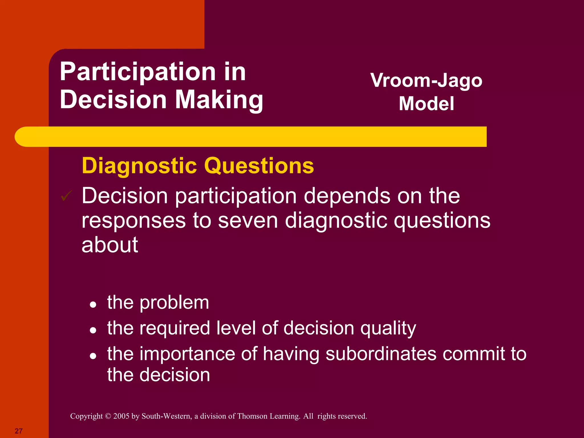 Copyright © 2005 by South-Western, a division of Thomson Learning. All rights reserved.
27
Participation in
Decision Making
Diagnostic Questions
 Decision participation depends on the
responses to seven diagnostic questions
about
● the problem
● the required level of decision quality
● the importance of having subordinates commit to
the decision
Vroom-Jago
Model
 