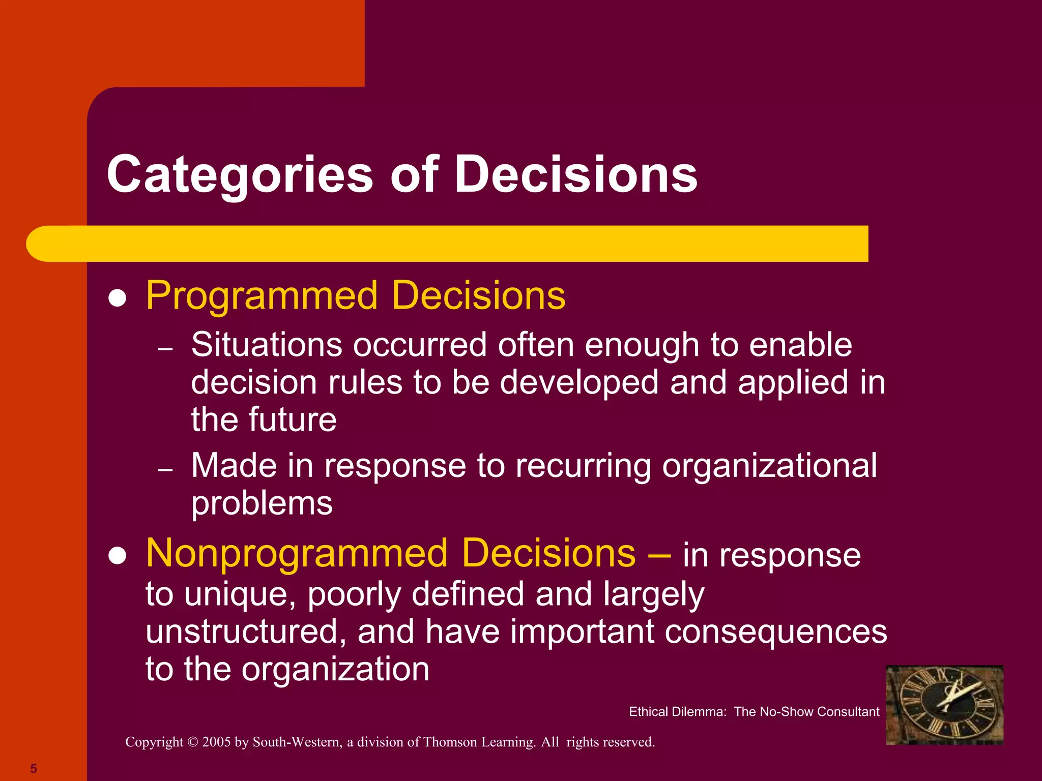 Copyright © 2005 by South-Western, a division of Thomson Learning. All rights reserved.
5
Categories of Decisions
 Programmed Decisions
– Situations occurred often enough to enable
decision rules to be developed and applied in
the future
– Made in response to recurring organizational
problems
 Nonprogrammed Decisions – in response
to unique, poorly defined and largely
unstructured, and have important consequences
to the organization
Ethical Dilemma: The No-Show Consultant
 