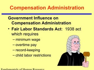 Compensation Administration
Government Influence on
Compensation Administration
• Fair Labor Standards Act: 1938 act
which requires
– minimum wage
– overtime pay
– record-keeping
– child labor restrictions
 